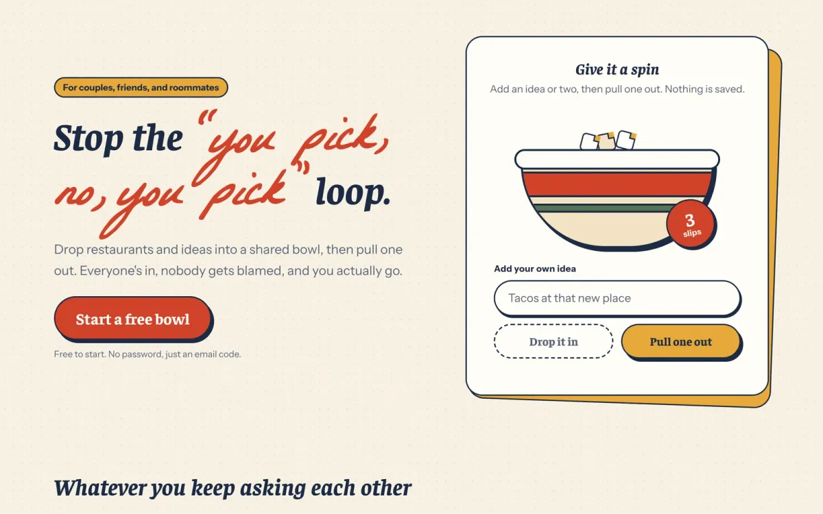 Decision Bowl home page with a striped bowl full of ideas
