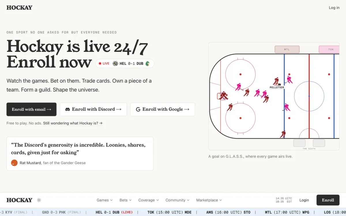 Hockay home page: enroll now, with a live game on the rink