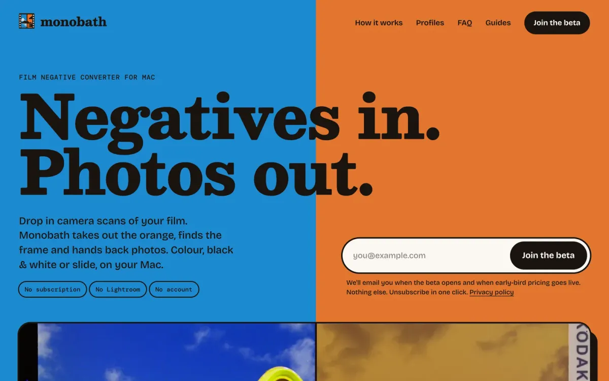 Monobath home page: negatives in, photos out