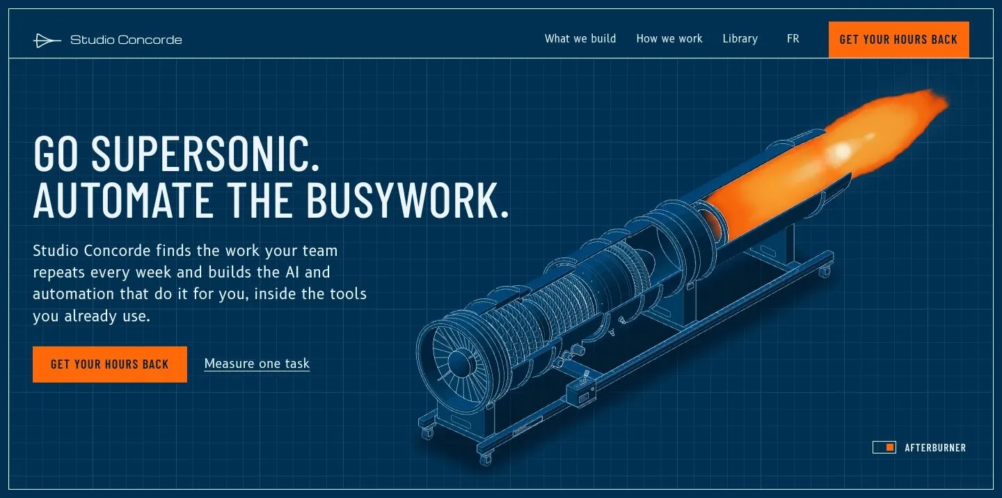 The Studio Concorde home page: “Go supersonic. Automate the busywork.” beside a cutaway drawing of Concorde’s Olympus 593 engine, its afterburner lit