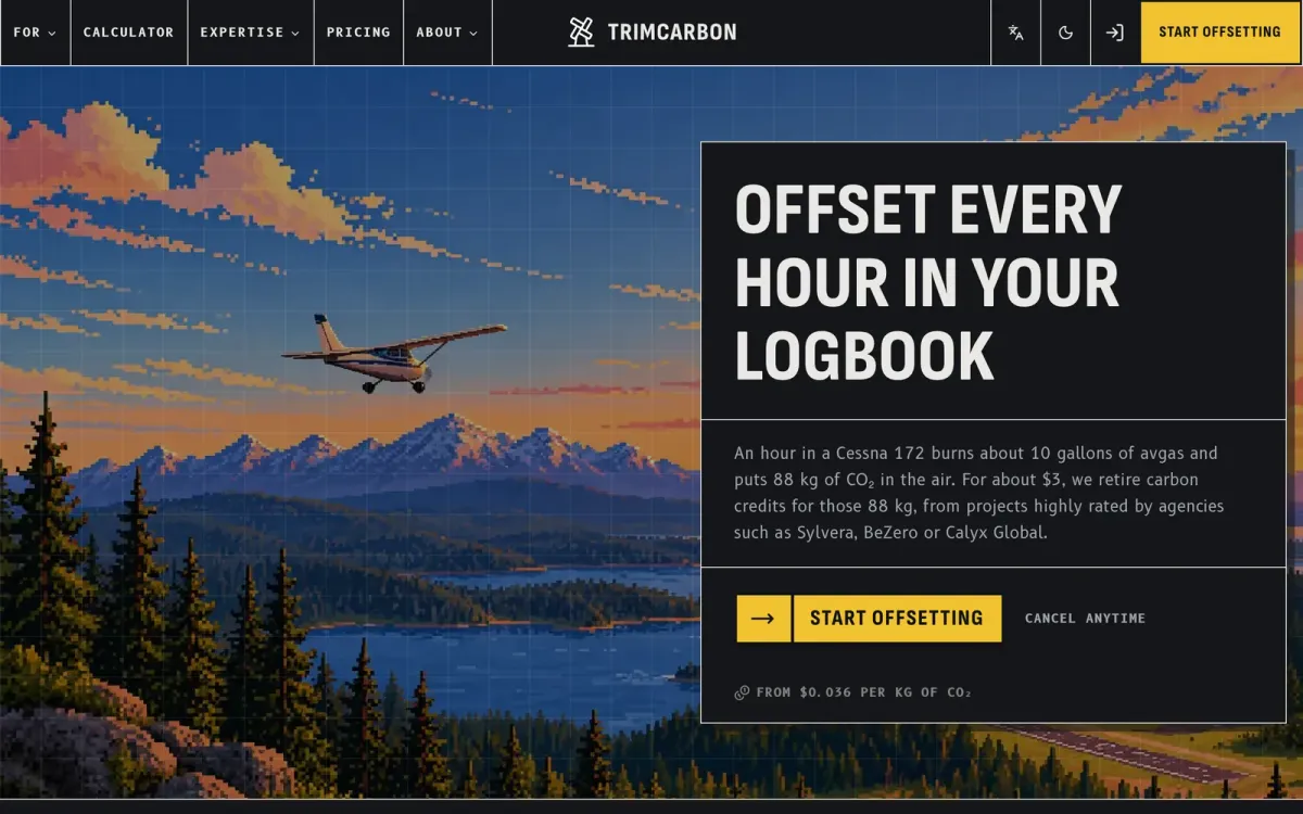 TrimCarbon home page: offset every hour in your logbook